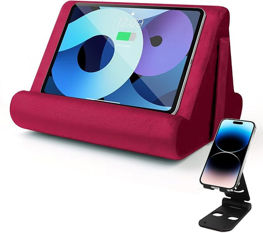 Multi-Angle Tablet Stand with Soft Pad and Net Pocket - Universal Phone and Pad Holder for Lap, Knee, Sofa and Bed (Wine Red)