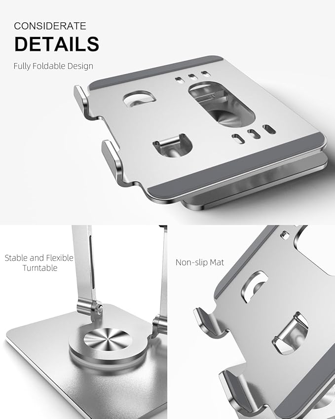 OrlianTablet Stand Holder with Thickened 360°Rotating Base Dual Rod Adjustable Aluminum Stand for All 5.8-12.9” iPad Samsung Phone Tablet Kindle E-Reader and More, Silver