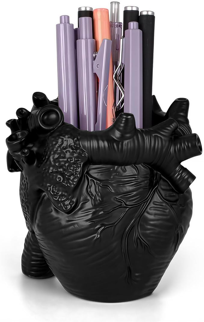 Heart-shaped Pen Holder for Desk Accessories Halloween Decor and Office Decor, Pencil Holder for Desk Organizers, Compact Desk Accessories Gift, Pencil Cup for School, Office, Home (Black)