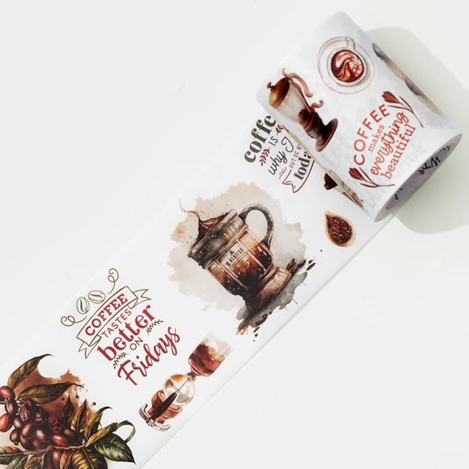 WT Caffeine Canvas Wide Washi Tape, Single Roll, Original Designs, Watercolor Vintage Cafe Paper Tape, Coffee Theme for Journals, Scrapbooks, Bujo Planners, DIY Crafts Supplies