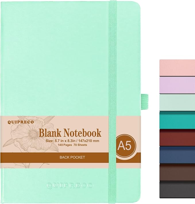 2Pack Blank Hardcover Sketch Book Notebook, A5 140 Pages 120Gsm Thick Journal for Drawing,School,Work,Diary，5.7''*8.3'',Light Green