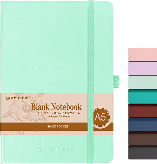 2Pack Blank Hardcover Sketch Book Notebook, A5 140 Pages 120Gsm Thick Journal for Drawing,School,Work,Diary，5.7''*8.3'',Light Green