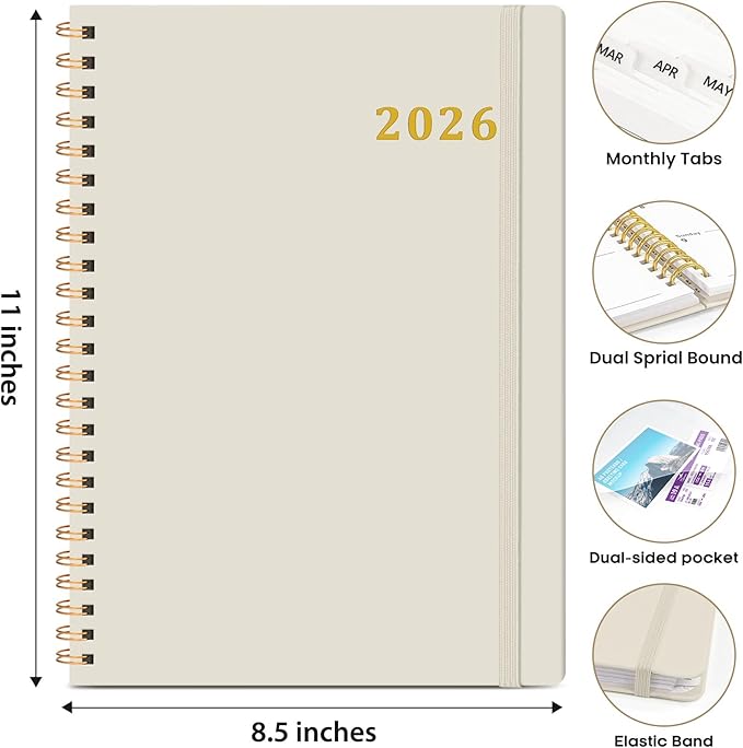 2026 Planner 8.5" x 11", Weekly and Monthly Calendar Planner Book, January 2026 - December 2026, Hardcover Spiral Planner with Monthly Tabs, Notes Pages, Perfect for Women & Men, A4 - Beige
