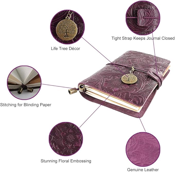 Refillable Leather Journal, Handmade Purple Leather Notebook with Bookmark for Men & Women, Vintage Notepad Sketchbook Perfect for Writing, Gifts, Travelers (Purple, Passport)