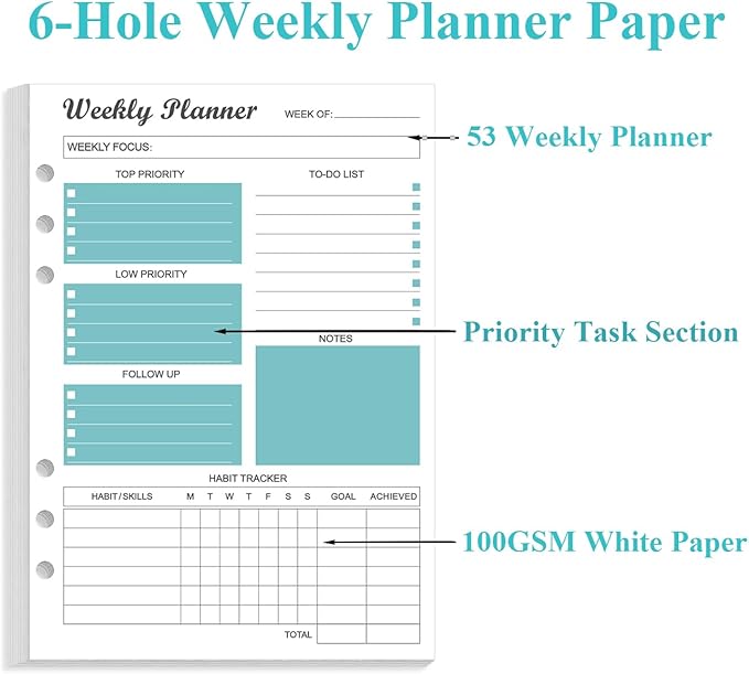 6-Hole Weekly Planner Refills for A5 Binders - 53 Sheets/106 Pages Undated Weekly Planner, 100 gsm White Paper, Lasts 1 Year, Undated, 5.8" x 8.3", Teal