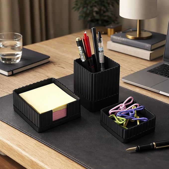 Aesthetic Concrete Desk Organizer Set of 3 - Stylish & Durable Office Accessories - Includes Pen Holder, Paperclip Storage, and Sticky Note Holder for a Clean, Modern Workspace (Black)