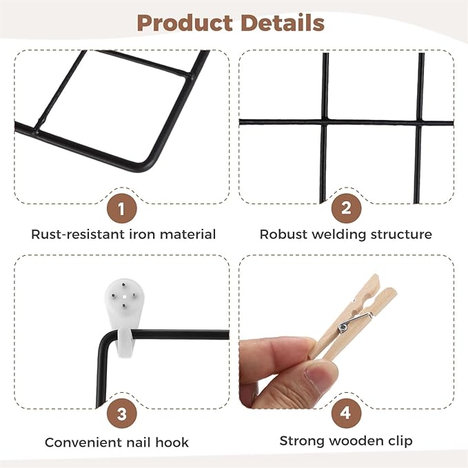 Wire Wall Grid Panel with Wall Grid Shelf with Photo Frames for Photo Display, Metal Mesh Message Board Memo Boards, Heavy Duty Gridwall Display Rack for Art Retail Display (Black-B)