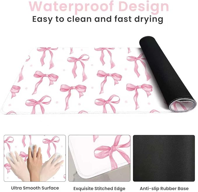 Pink and White Mouse Pad, Desk Mat Pink Bow Keyboard Mat Cute Office Accessories Computer Mat, Non-Slip Rubber Base Large Mousepad Laptop Pad, Girly Desktop Mat Office Décor 23.6 x 11.8in