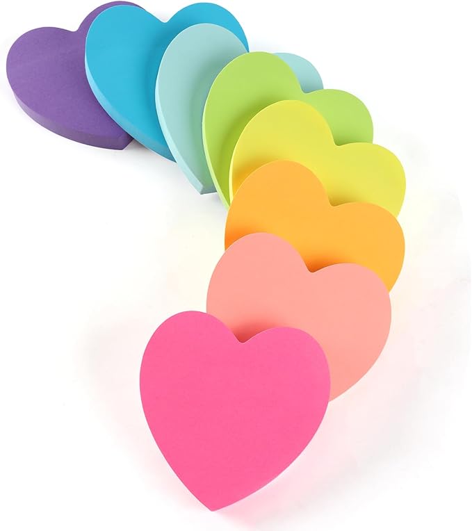 Heart Sticky Notes 8 Colors 100 Sheets/Pad, 800 Sheets Colorful Self-Stick Note Pads Stationary Cute Desk Accessories Office School Teacher Supplies Teacher Gifts