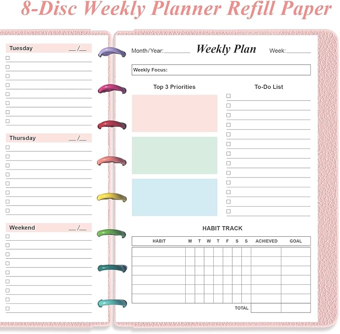Weekly Planner Undated Refills - Junior Size 53 Sheets/106 Pages Colorful Weekly Planner for 8-Disc Discbound, 100 gsm White Paper, Lasts 1 Year, Undated, 5.8" x 8.3"