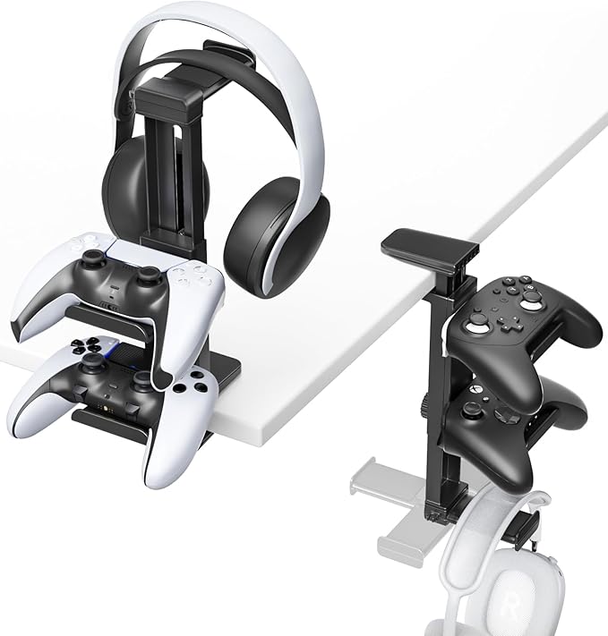 Headphone Stand & Under Desk Controller Holder with Adjustable Clamp, Controller Stand & Headset hanger for Desk Mount with 360° Rotating Hook & Cable Organizer 3-in-1 Game Organizer, PC Game Headsets