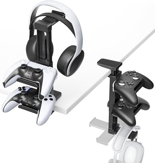 Headphone Stand & Under Desk Controller Holder with Adjustable Clamp, Controller Stand & Headset hanger for Desk Mount with 360° Rotating Hook & Cable Organizer 3-in-1 Game Organizer, PC Game Headsets
