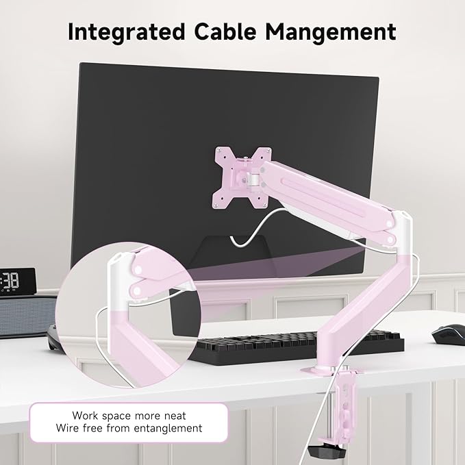 Suptek Monitor Mount Gas Spring Monitor Arm Desk Mount Fully Adjustable Fits 17 20 22 23 24 26 27 32 35 inch Monitors Weight Capacity up to 24.25 lbs, Pink