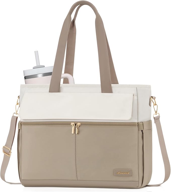 LOVEVOOK Laptop Bag for Women 15.6 Inch Canvas Laptop Large Capacity Work Bags Mutiple Pockets Teacher Bag Water Resistant Computer Bags for Business Travel Nurse, Khaki