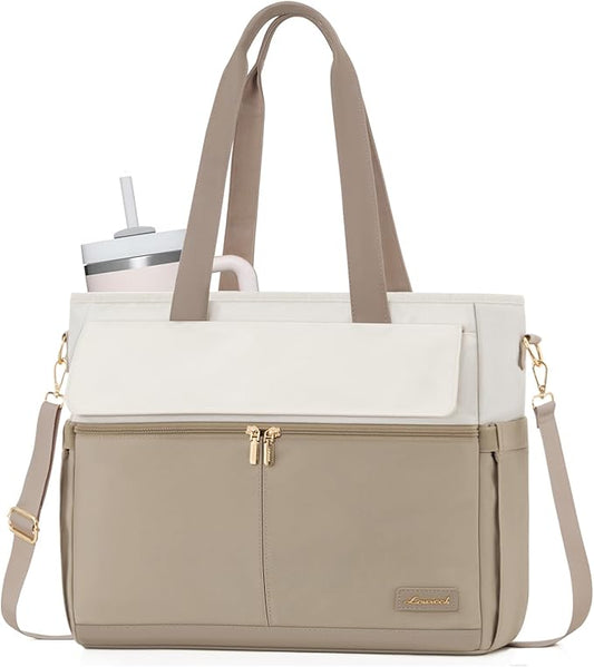 LOVEVOOK Laptop Bag for Women 15.6 Inch Canvas Laptop Large Capacity Work Bags Mutiple Pockets Teacher Bag Water Resistant Computer Bags for Business Travel Nurse, Khaki
