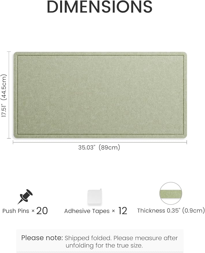 Fluxynara Bulletin Board, 35" x 17.5" Cork Board Alternative with 12 Safe Removable Adhesive Tabs, Foldable Felt Pin Board for Home Office, Classroom, Bedroom,Entryway for Walls— Sage