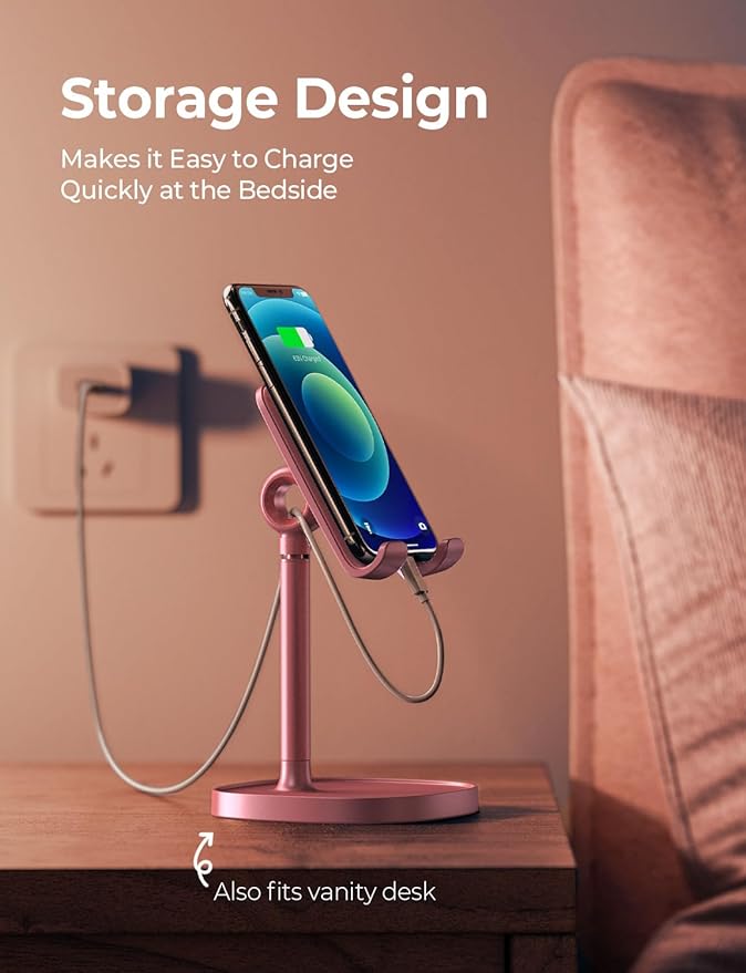 LISEN Pink Gifts Home Room Decor, Cute Phone Stand Desk Accessories for Women Office Supplies, Pink Kitchen Decor for iPhone Women Teen Girls Kawaii Essentials Vanity Decor Fits Switch iPad 4-10in