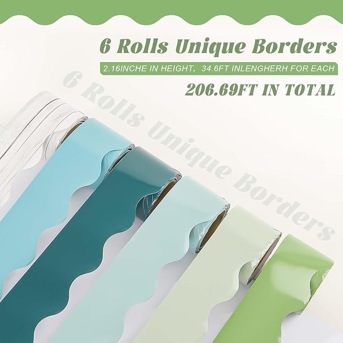 6 Rolls 206.69ft Boho Bulletin Board Decorations, Bulletin Board Borders Roll for Classroom, Scalloped Trim Green Borders for Back to School Theme Classroom Office Decor Supplies (Green)