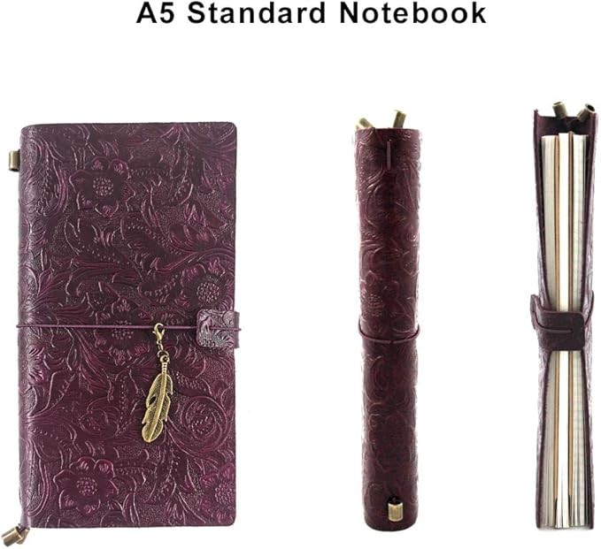 Refillable Leather Journal, Handmade Purple Leather Notebook with Bookmark for Men & Women, Vintage Leather Notepad Sketchbook Perfect for Writing, Gifts, Travelers (Purple, Standard)