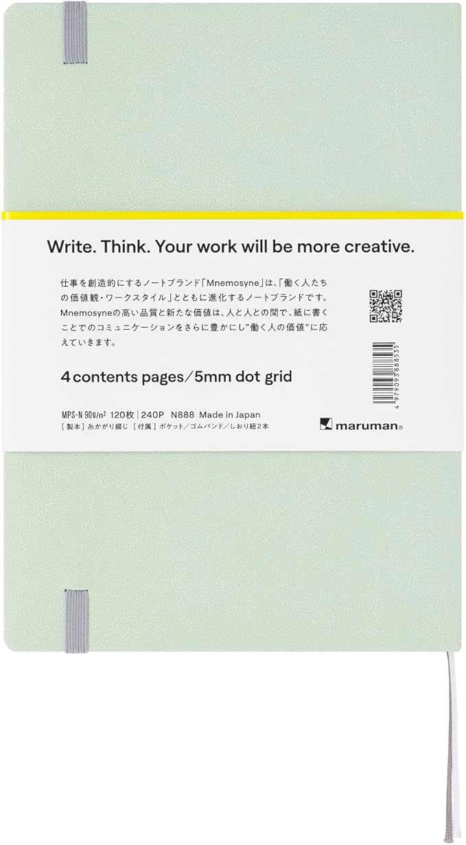 Maruman Mnemosyne Dot Grid Journal- A5, 8.5" x 6.02", 120 Sheets / 240 Pages, 5mm Doted Notebook, Book-bound With Premium Mint Green Hardcover, Includes Bookmark & Elastic Closure, Made in Japan