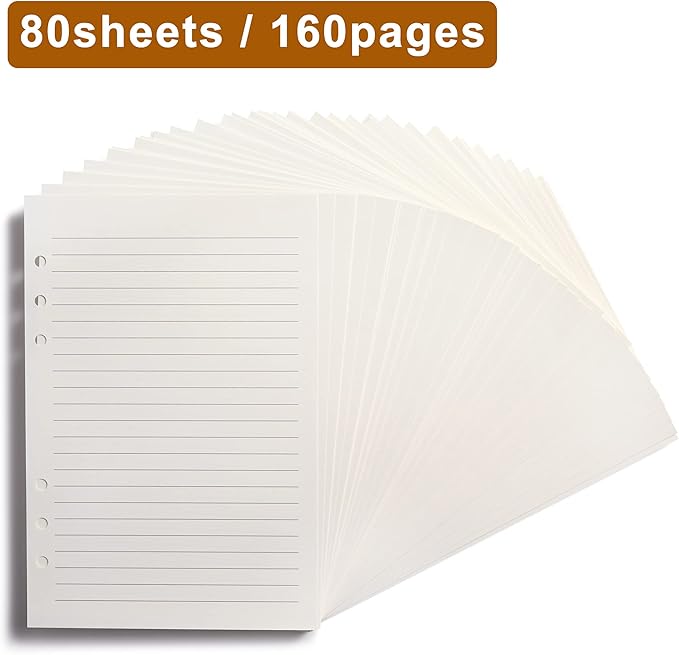 A5 Lined Paper,6 Holes Refill Paper for A5 Planner Binder, 8mm Ruled Loose Leaf, 80 Sheets/160 Pages,5.6x8.3 Inch,Beige (2)
