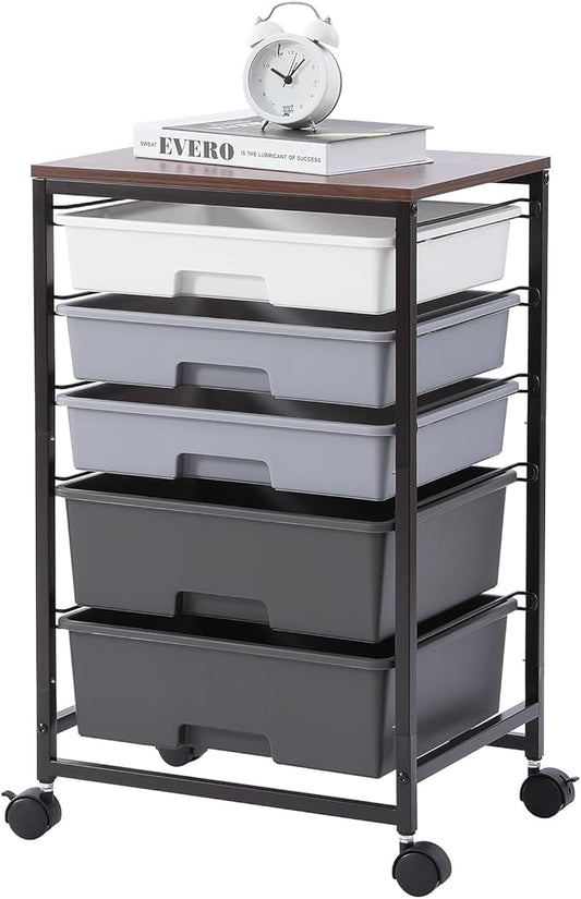 Utility Cart with 5 Drawers,Storage Drawer Cart with Wooden Tabletop and Lockable Wheels,Craft Storage Trolley Cart,5-Tier Rolling Utility Cart on Wheels,Dark Grey