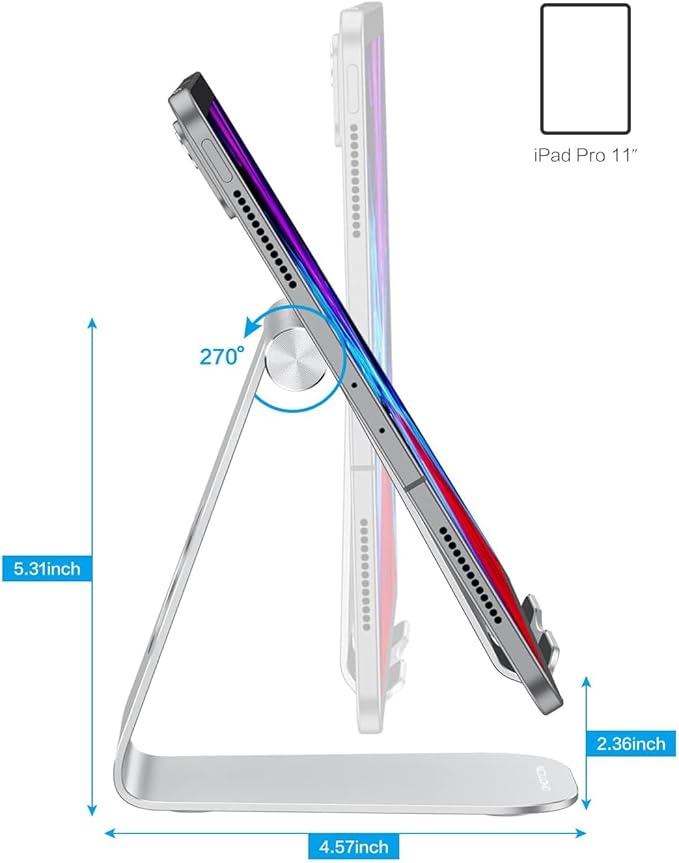 OMOTON Tablet Stand Holder Adjustable, T1 Desktop Aluminum Tablet Dock Cradle Compatible with iPad Air/Mini, iPad 10.2/9.7, iPad Pro 11/12.9/13, Samsung Tab and More Up to 13 inch, Silver