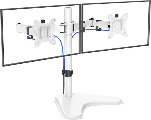 HUANUO 32 inches Dual Monitor Stand up to 17.6lbs, High-Grade Aluminum Free-Standing Dual Monitors Mount for 2 Screens. Fully Adjustable Dual Monitor Stand for Desk with Tilt, Swivel, Rotation, White