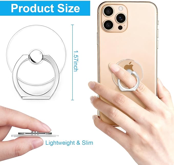 Transparent Phone Ring Holder Stand 2 Pcs, 360° Rotation Cell Phone Ring Holder Mobile Finger Kickstand Hand Phone Grip for iPhone, Clear Phone Ring for Phone Case (Round)