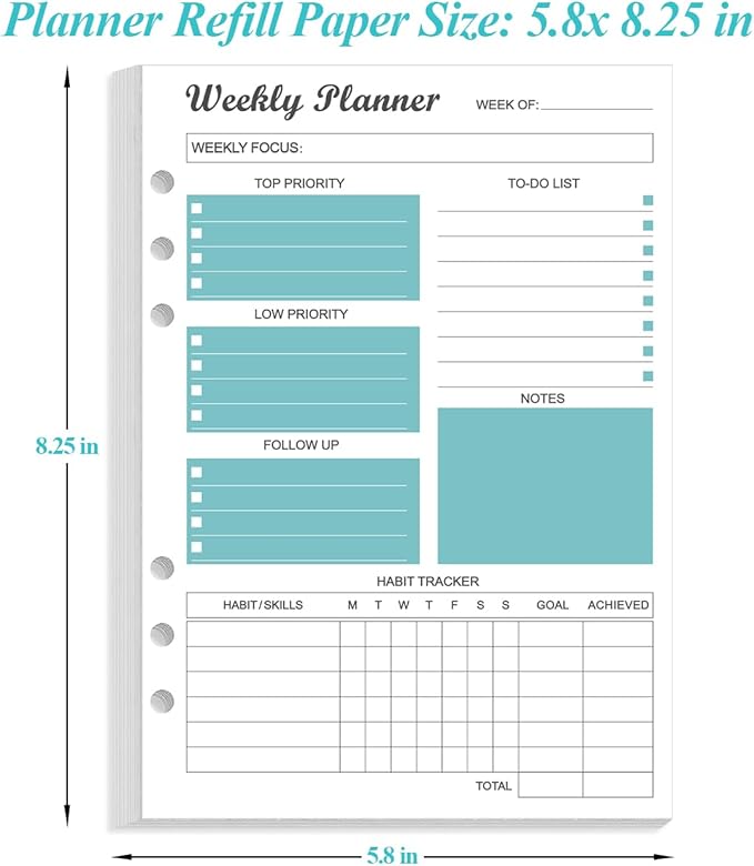 6-Hole Weekly Planner Refills for A5 Binders - 53 Sheets/106 Pages Undated Weekly Planner, 100 gsm White Paper, Lasts 1 Year, Undated, 5.8" x 8.3", Teal