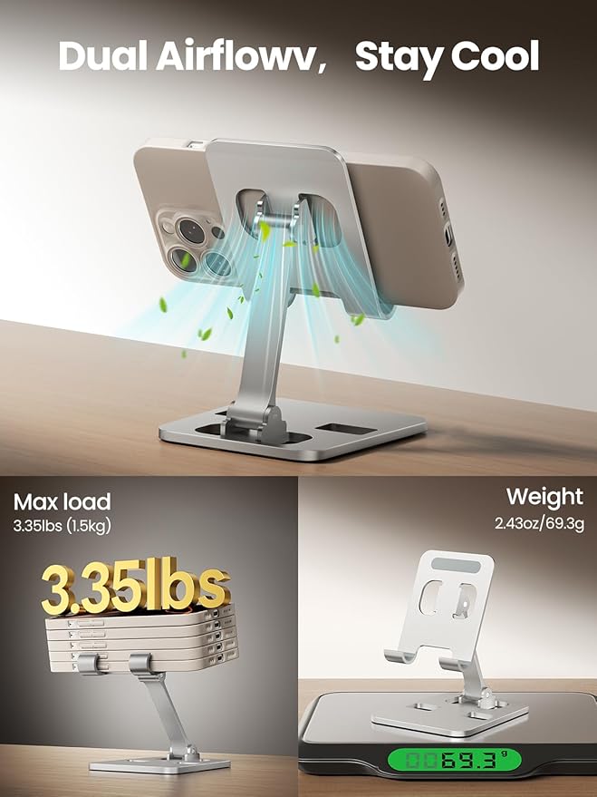Phone Stand for Desk, Dual Folding Cell Phone Holder, Fully Adjustable Portable Mobile Phone Holder for iPhone 17 16 15 14 13 12 11 Pro Max Plus Air, Galaxy S25 S24, All Phones (Silver)