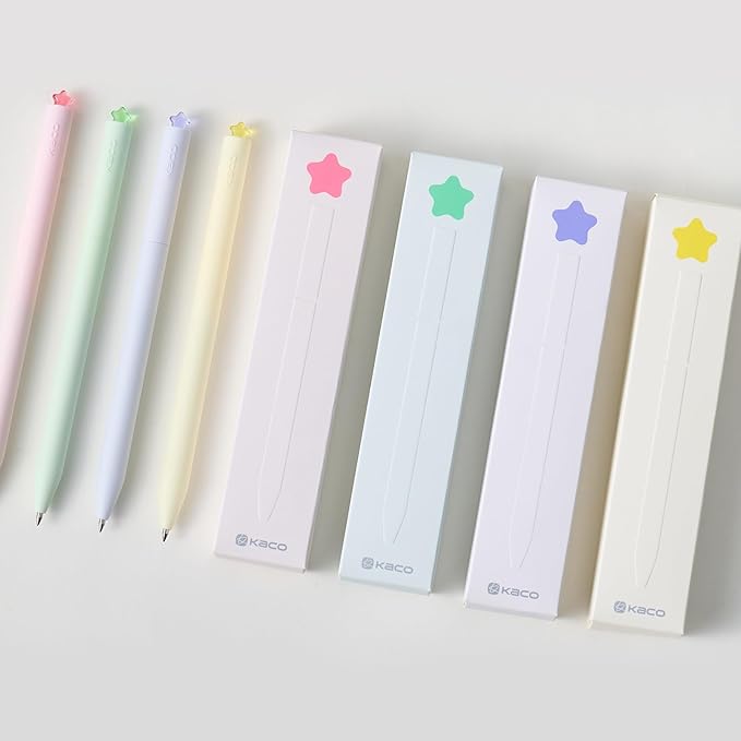 Kaco FIRST Gel Pens 6 Pieces with 12 Extra Refills, Cute Stationery Black Ink, 0.5 mm Fine Point, Aesthetic Cute Star Pens for Journaling