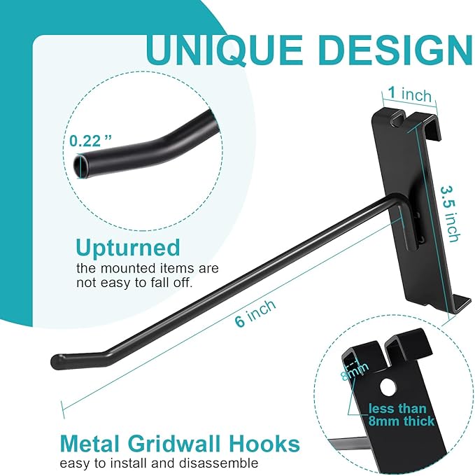 HJW Gridwall Hooks 6 Inch, 50Pcs Display Hooks for Grid Wall Panel, Sturdy Gridwall Hooks & Hangers for Retail Shop Home Office Garage Storage, Black