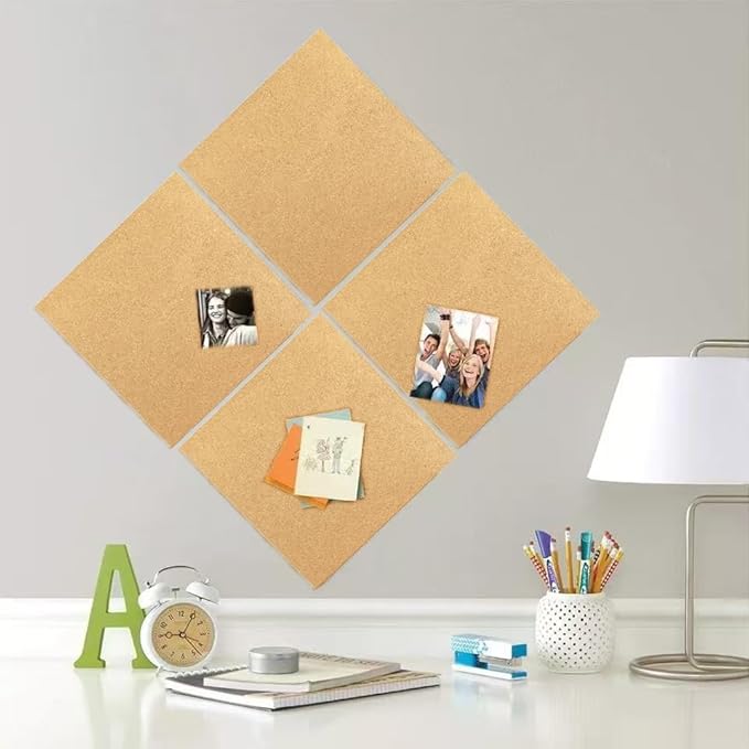 Cork Square Board for Walls, 4 Packs 12"x12" 1/4" Thick Cork Bulletin Board Self Adhesive Cork Board Tiles with 50 Pushpins for Home Office Kitchen School (4, 12 * 12 inch)