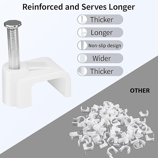 LeMotech Flat Cable Clips, 100pcs 10mm Wire Wall Clips with Steel Nails, Coaxial Nail Clamps for Cable Cord Management CAT6 CAT6e RJ45 Ethernet Cable Clamps, White