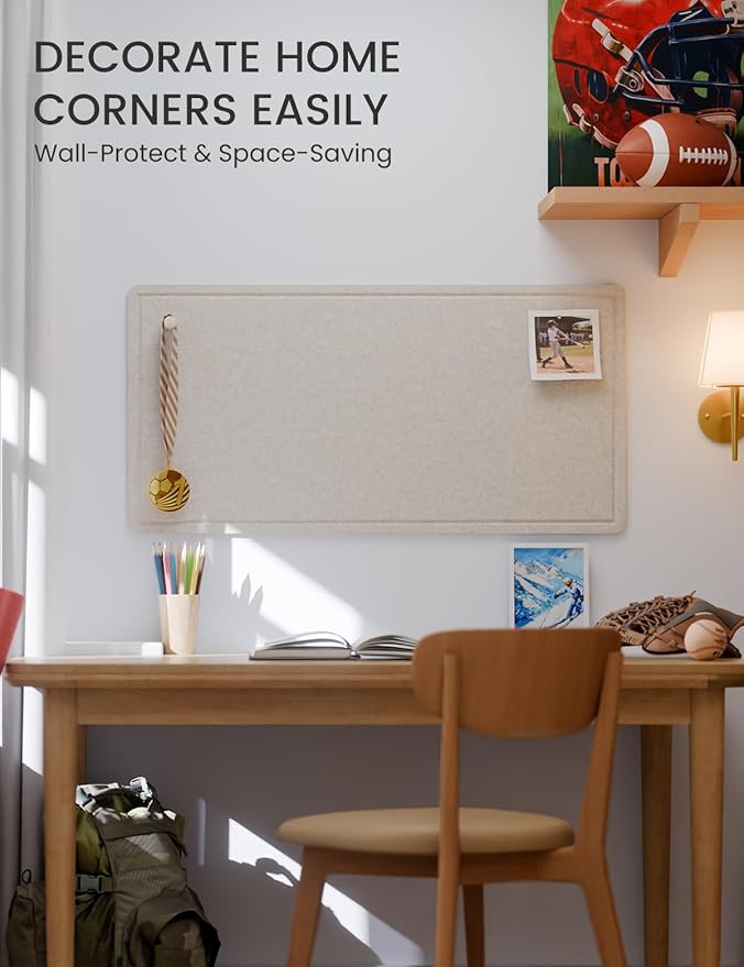Fluxynara Bulletin Board, 35" x 17.5" Cork Board Alternative with 12 Safe Removable Adhesive Tabs, Foldable Felt Pin Board for Home Office, Classroom, Bedroom,Entryway for Walls— Oatmeal