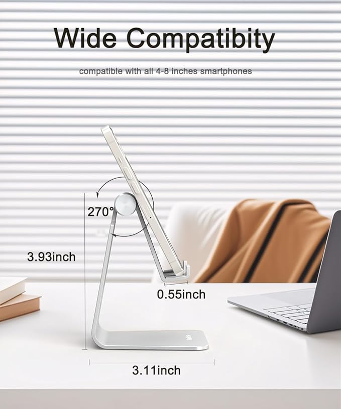 Cell Phone Stand for Desk- Adjustable Phone Stand Holder, Cradle, Dock, Desktop Stand for iPhone 17 16, 15, 14, Plus, Pro, Pro Max, 13 12 X XS,4-8" Phones, Office Accessories (Silver)
