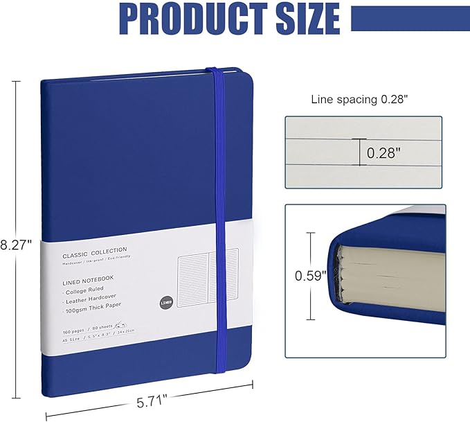 Lined Journal Notebook, 10Pack Hardcover Notebook for Men & Women – Journals for Writing, Work, School, Home & Daily Notes, 160 Pages – Medium A5, 5.7"x8", 100 gsm Thick Paper (Blue)