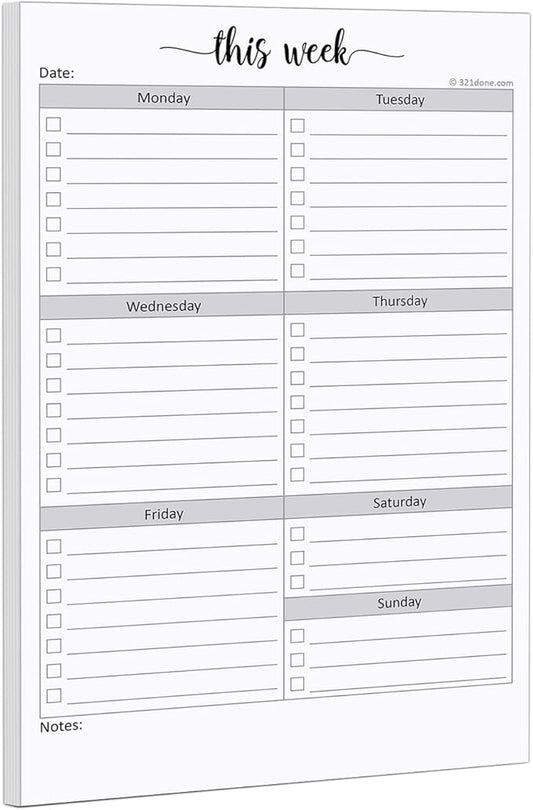 321Done Weekly Checklist Notepad - 50 Sheets (5.5" x 8.5") - This Week to Do Notepad Tear Off Planning Pad, Planner Checklist Organizing - Made in USA - Simple Script