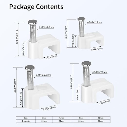 LeMotech 200pcs Cable Clips 5/7/8/10mm Flat Cable Nail Clips Cable Tacks Coaxial Nail Clamps for Cable Cord Management RG6 RG59 CAT5 CAT6 RJ45 Electrical Ethernet Coaxial Clamps, White