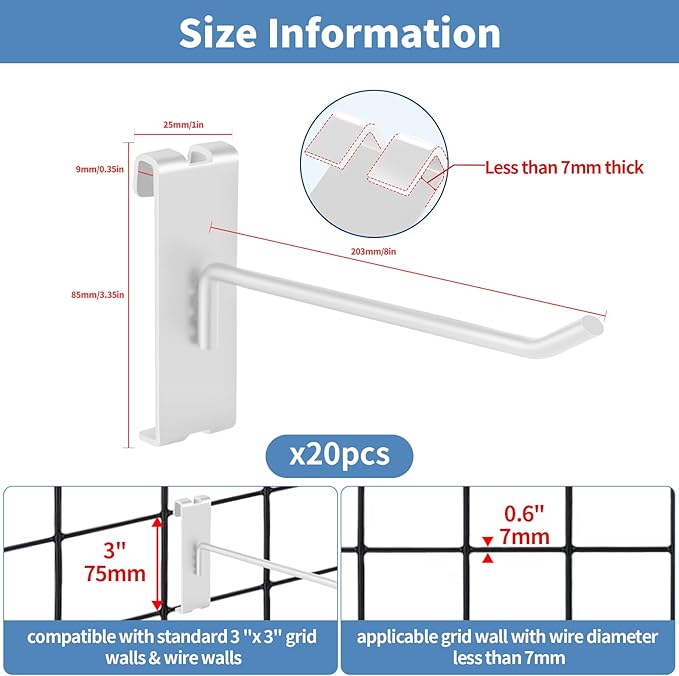 20Pcs Gridwall Hooks, Metal Grid Panel Hanging Peg Hooks, Grid Wall Accessory for Clothes Storage, Home Organization, Retail Display (White, 8"/20Cm)