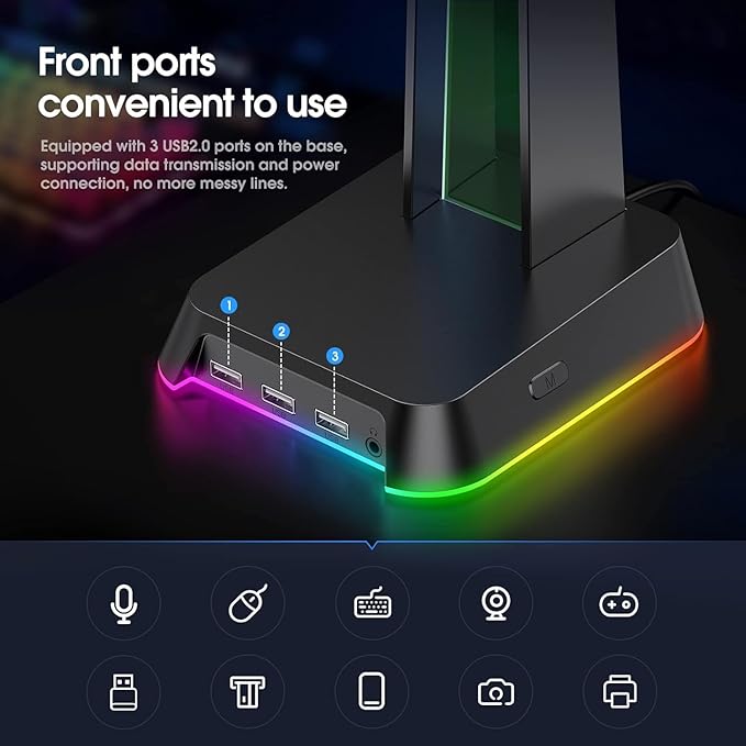 RGB Headphone Stand with 3.5mm AUX and 3 Port USB 2.0 Hub, Universal Gaming Headset Hanger Holder for Computer Gaming Gamer Accessories (Black)