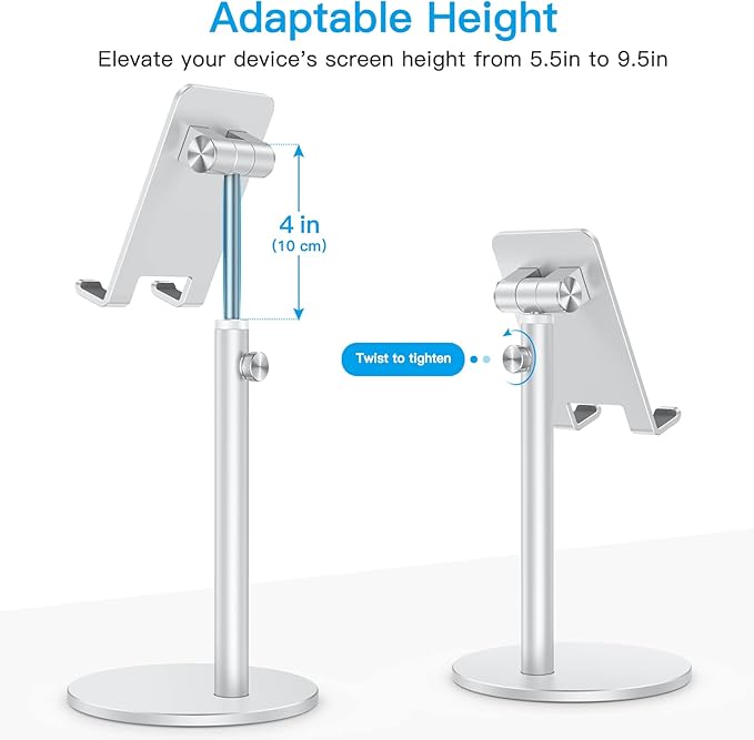 Cell Phone Stand, OMOTON Angle Height Adjustable Phone Stand, Aluminum Desktop Phone Holder Dock Stand for Desk, Compatible with iPhone 17 Pro Max, All Smartphones and Tablets(4-11''), Sliver