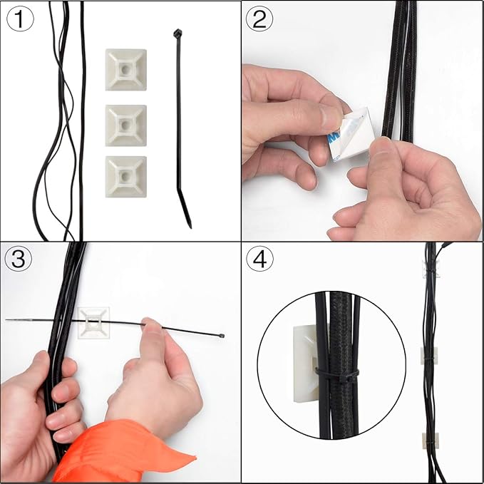 XHF 100 PCS 3/4" Black Self Adhesive Cable Zip Tie Mounts Wire Cable Clips Holders Management Anchors Organizer Holders Squares(HS-101S) (Pack of 2)
