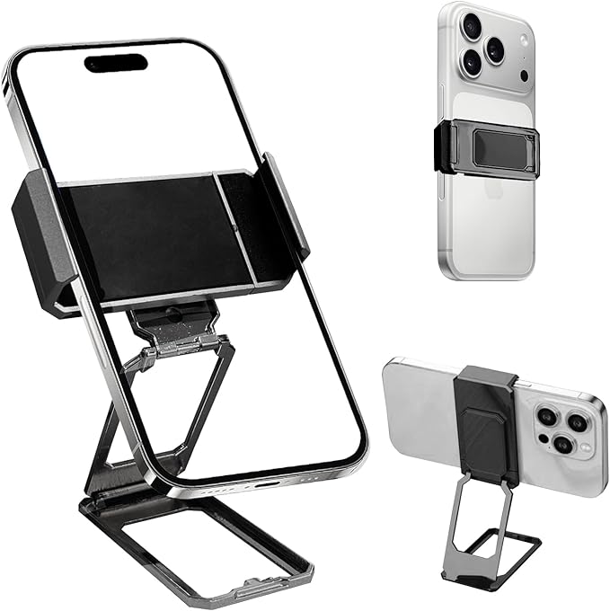New Three Folds Clip Type 360° Folding Bracket, Travel Cell Phone Stand,3M Tape Sticker Holder, Adjustable Cell Phone Stands Compatible with All Types Smartphones (Black)