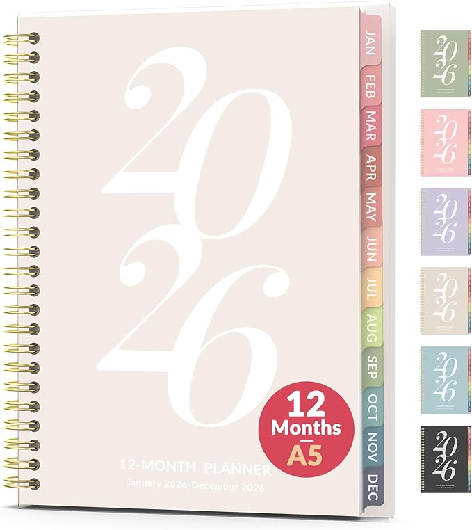 2026 Planner Weekly and Monthly, Jan - Dec 2026, 6.3" x 8.4”, Small Agenda Planner for Women, Aesthetic Calendar Planner with Spiral Bound, Month Tab, Flexible Cover for School, Office (A5, Beige)
