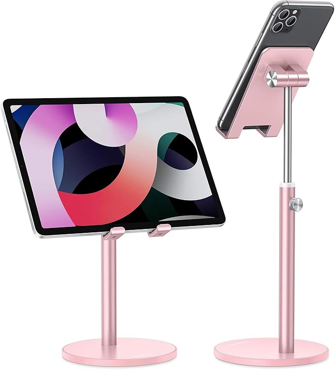 OMOTON Cell Phone Stand, Angle Height Adjustable Phone Stand, Aluminum Desktop Phone Holder Dock Stand for Desk, Compatible with iPhone 13/Mini/Pro/Max, All Smartphones and Tablets(4-11''), Rose Gold