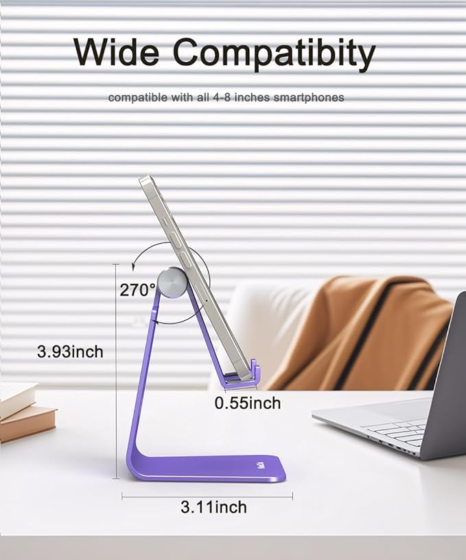 Cell Phone Stand for Desk- Adjustable Phone Stand Holder, Cradle, Dock, Desktop Stand for iPhone 17 16, 15, 14, Plus, Pro, Pro Max, 13 12 X XS,4-8" Phones, Office Accessories (Purple)