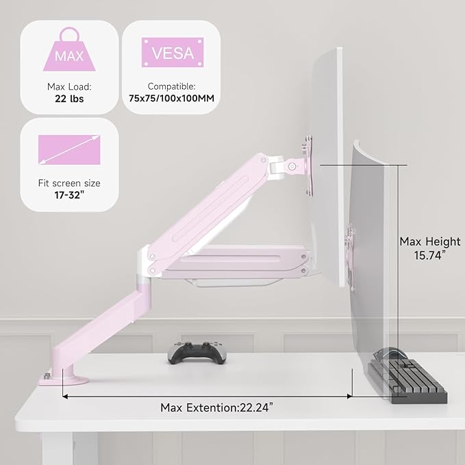 Suptek Monitor Mount Gas Spring Monitor Arm Desk Mount Fully Adjustable Fits 17 20 22 23 24 26 27 32 35 inch Monitors Weight Capacity up to 24.25 lbs, Pink