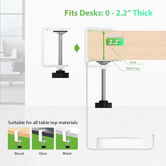KEEGH 16" Under Desk Cable Management Tray, 2 Pack Desk Cord Organizer Upgrade Capacity, No Drill Clamp/Screws Mount, Cord Management Tray for Home Office, Gaming Desk, Standing Desk, White